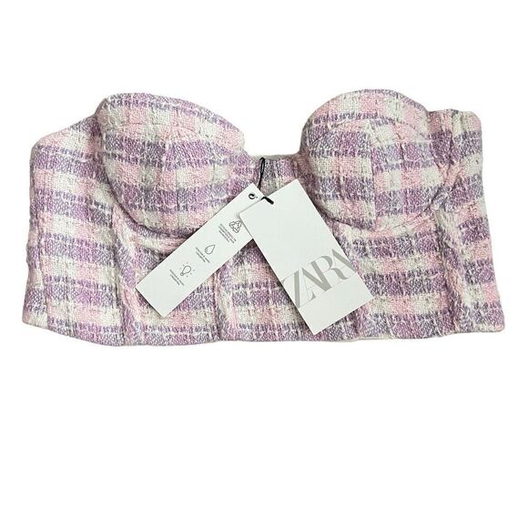 ZARA Tweed Boucle Bustier Corset Sweetheart Tube Crop Top Medium Pink Purple NWT - Picture 1 of 6